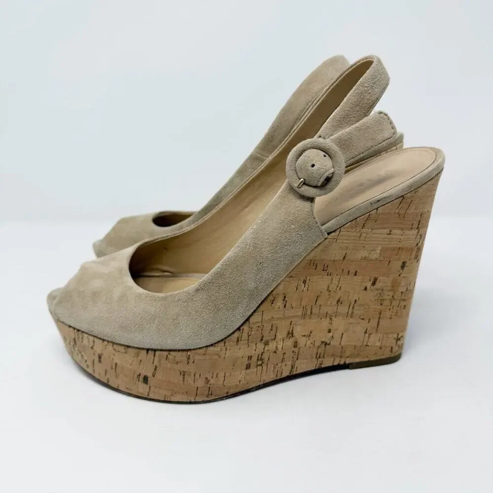 Veronica Beard Tan Suede Peep Toe Slingback Cork Wedges Women's Sz 8.5 High Heel